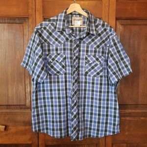 Wrangler Western Purple Black Plaid Pearl Snap Flap Pocket Short Sleeve Shirt XL